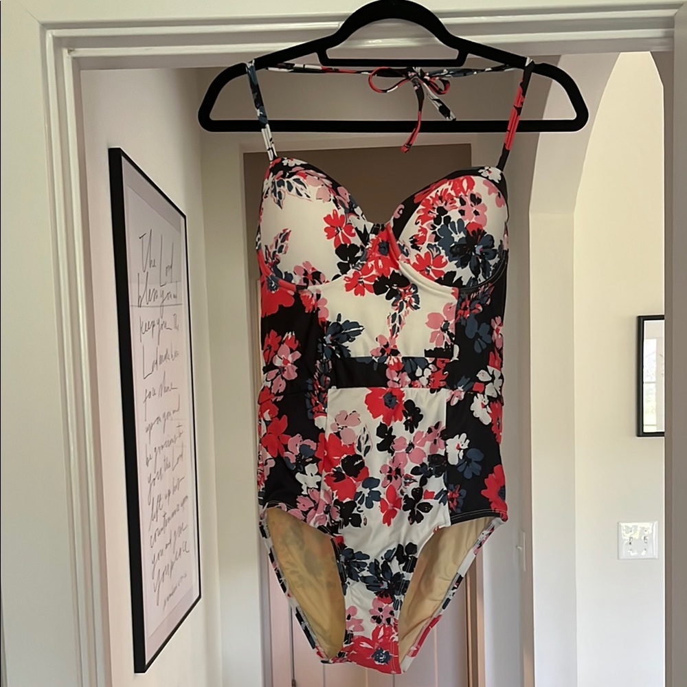 Modcloth Red and Pink One Piece Swimsuit with Sweetheart Neckline